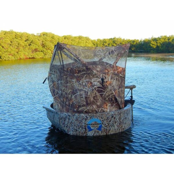 A closer view of the woodsman hunting boat floating in a bay, from the front