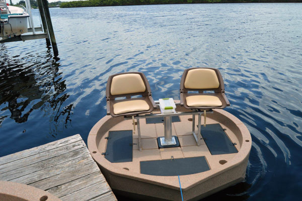 A front top view of the rond boat by Roundabout Watercrafts with the two seat option installed. Ultraskiff does not offer this.
